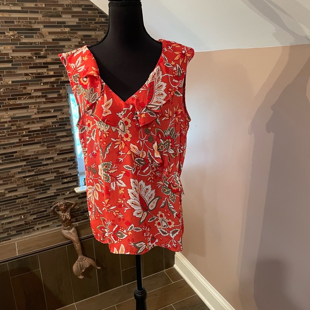 LOFT Red and White Ruffled Blouse